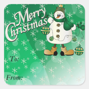 Merry Christmas Green Ornament Snowman Square Sticker