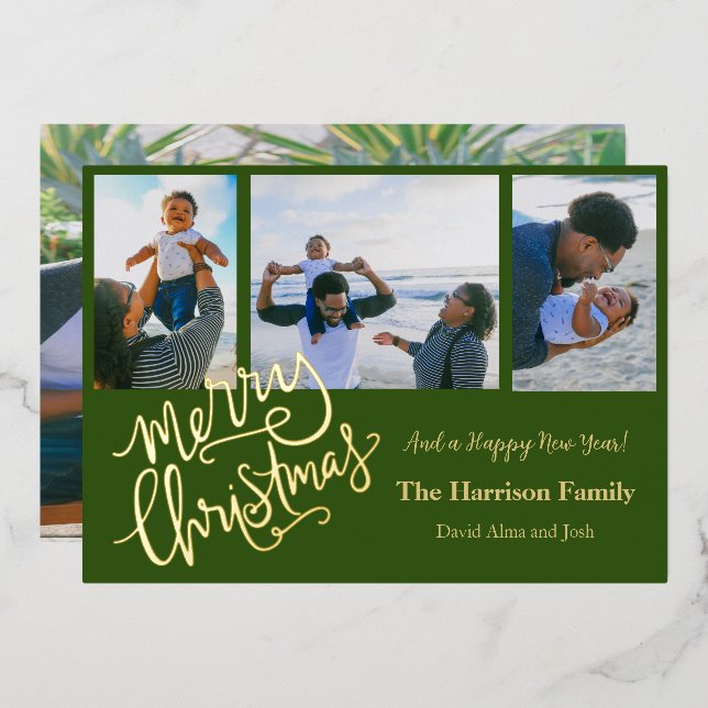 Merry Christmas Green Personalised Photo Gold Foil Holiday Card (Front/Back)
