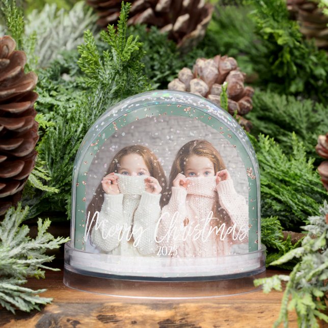 Merry Christmas Green Personalised Photo Snowglobe (Winter)