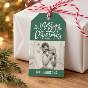 Merry Christmas Green Photo Family Name Gift Tags