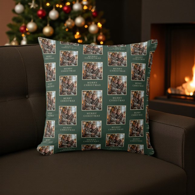 Merry Christmas Green Photo Holiday Cushion (Creator Uploaded)