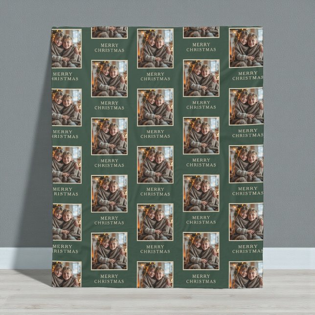 Merry Christmas Green Photo Holiday Fleece Blanket (Creator Uploaded)