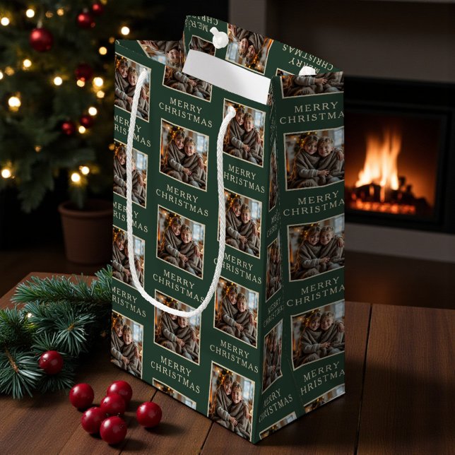 Merry Christmas Green Photo Holiday Small Gift Bag (Creator Uploaded)