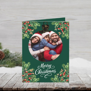 Merry Christmas green photo year in review Holiday Card
