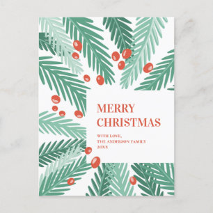 Merry christmas. Green pines. Red berry. Modern Holiday Postcard