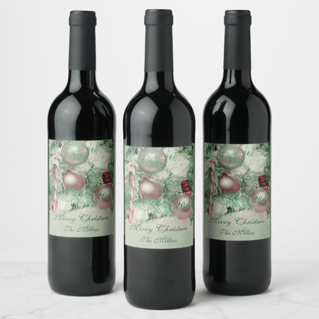 Merry Christmas Green Pink Holiday Tree Ornaments Wine Label (Bottles)