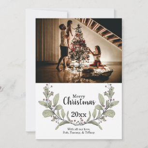 Merry Christmas Green Pink Mistletoe Wreath Photo Holiday Card