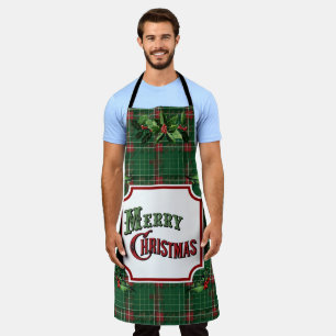 Merry Christmas Green Plaid Apron
