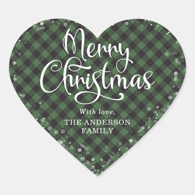 Merry Christmas Green Plaid Calligraphy Snow Heart Sticker (Front)