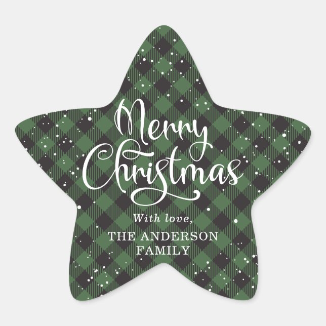 Merry Christmas Green Plaid Calligraphy Snow Star Sticker (Front)