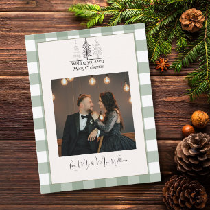 Merry Christmas Green Plaid Elegant Photo Simple Holiday Postcard