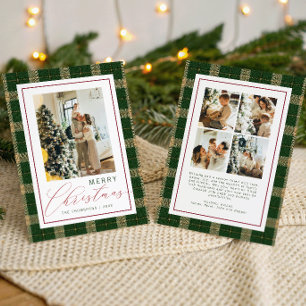 Merry Christmas Green Plaid Five Family Photo Holiday Card