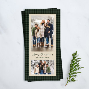 Merry Christmas green plaid frame two photo Holiday Card