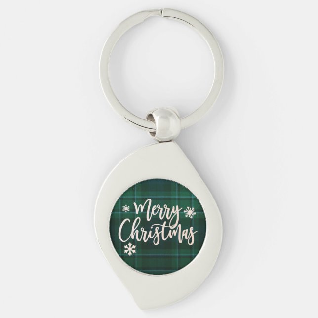 Merry Christmas Green Plaid Key Ring (Front)