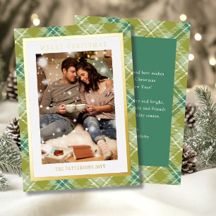 Merry Christmas Green Plaid Tartan Photo Foil Holiday Card