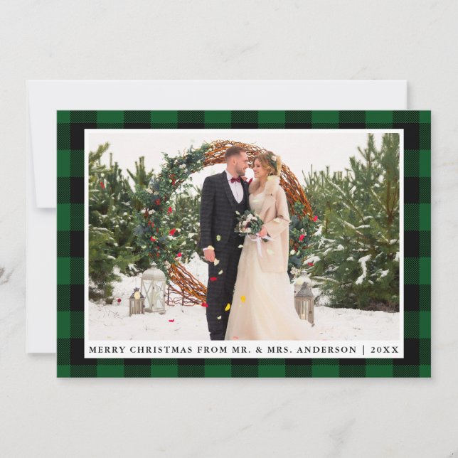 Merry Christmas Green Plaid Wedding Photo Card (Front)