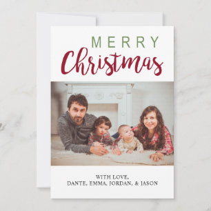 Merry Christmas Green Red Family Photo Simple Chic Holiday Card