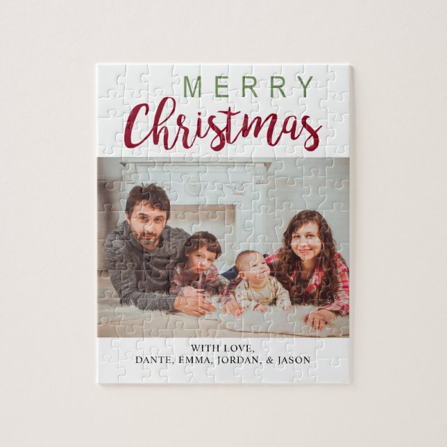 Merry Christmas Green Red Family Photo Simple Chic Jigsaw Puzzle (Vertical)