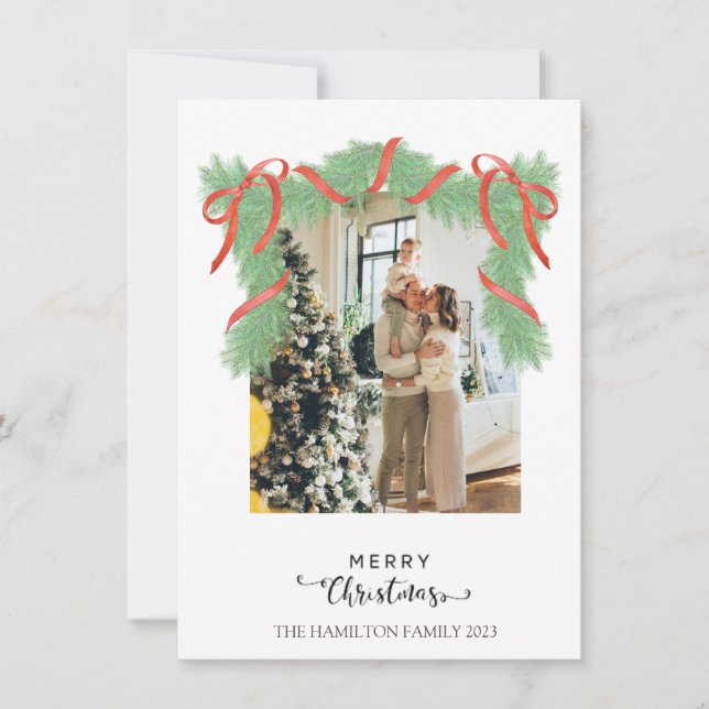 Merry Christmas Green Red Garland Photo  Holiday Card (Front)