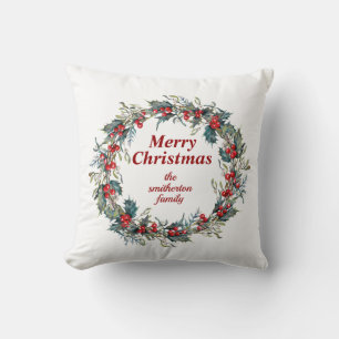 Merry Christmas Green Red Holly Berry Wreath Cushion