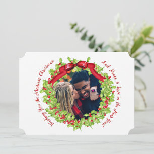 Merry Christmas Green & Red Holly Photo Wreath Holiday Card