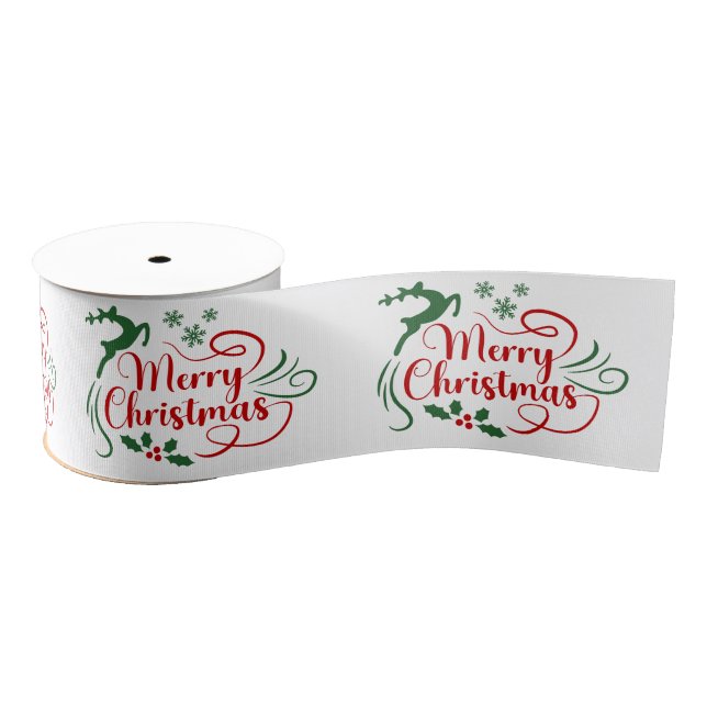 Merry Christmas Green Red On White Grosgrain Ribbon (Spool)