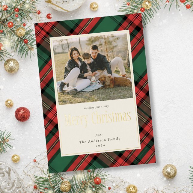 Merry Christmas Green Red Plaid Family Photo Gold Foil Holiday Card (Merry Christmas Green Red Plaid Family Photo Gold Foil Holiday Card)