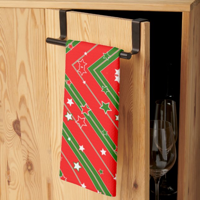 Merry Christmas Green Red Stars Kitchen Towels (Thirds Fold)