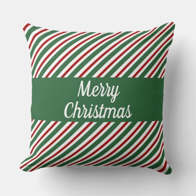Merry Christmas Green Red Striped Cushion (Front)