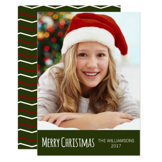 Merry Christmas Green Red White Chevron Photo Card
