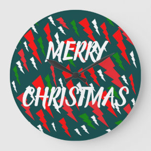 Merry Christmas green red white text design Large Clock