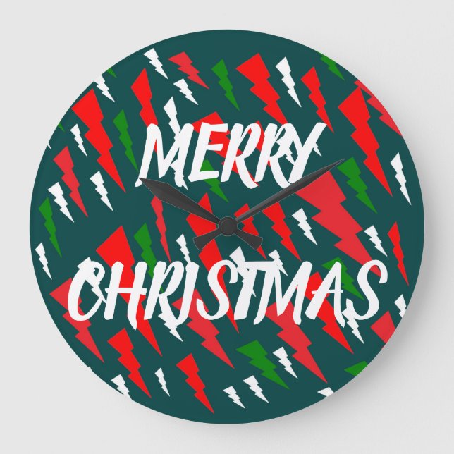 Merry Christmas green red white text design Large Clock (Front)