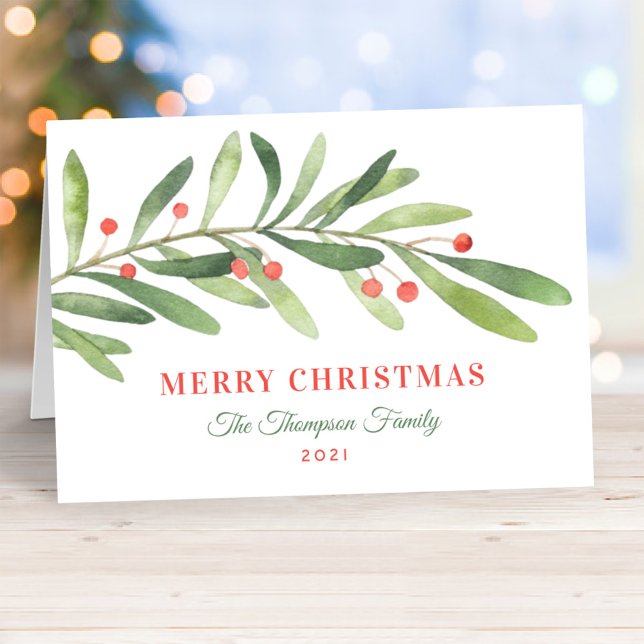 Merry Christmas Green Red Winter Greenery Holiday Card (Creator Uploaded)