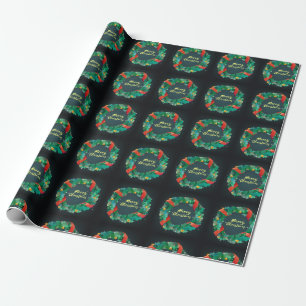Merry Christmas Green & Red Wreath on Black Wrapping Paper