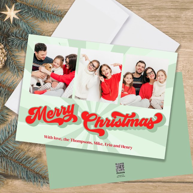 Merry Christmas Green Retro Typography Multi Photo Holiday Card (A retro vintaged style Merry Christmas photo holiday greeting card.)