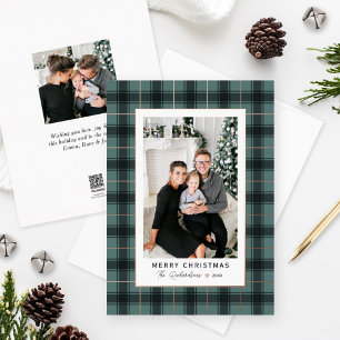 Merry Christmas Green Rose Gold Tartan Plaid Photo Foil Holiday Card
