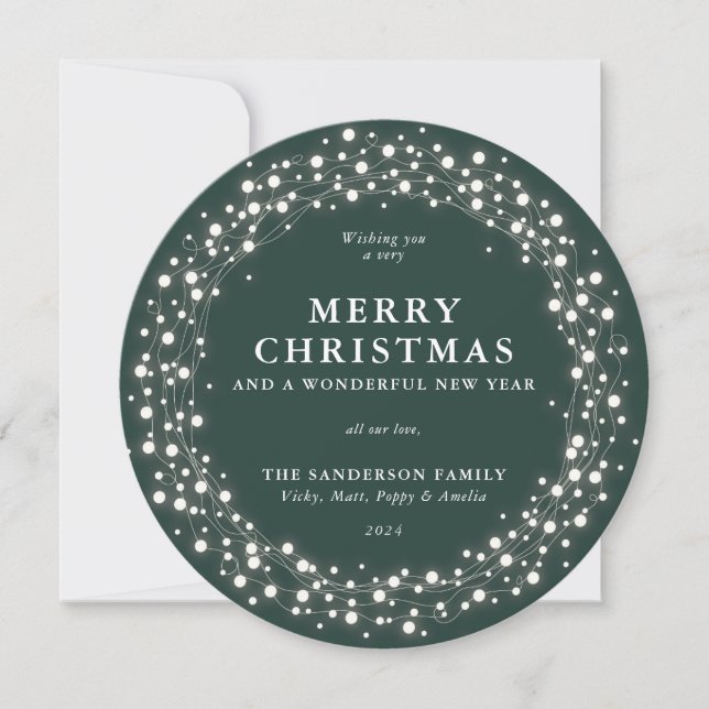 Merry Christmas Green Round Sparkling Lights Holiday Card (Front)