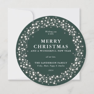 Merry Christmas Green Round Sparkling Lights Holiday Card