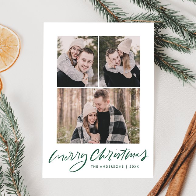 Merry Christmas Green Script 3 Photo Collage Holiday Card (Creator Uploaded)
