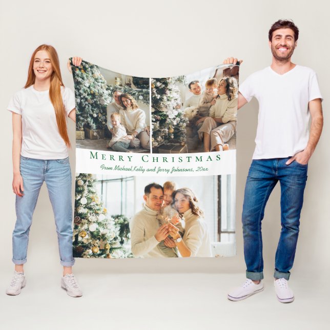 merry christmas green script 3 photos collage chic fleece blanket (In Situ)