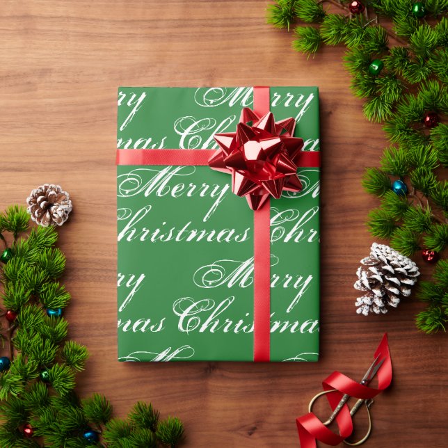 Merry Christmas green script calligraphy pattern Wrapping Paper (Holiday Gift)