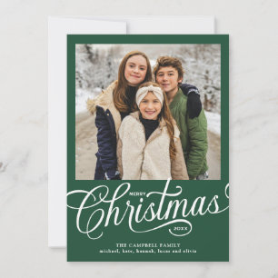 Merry Christmas Green Script Family Photo Holiday Card