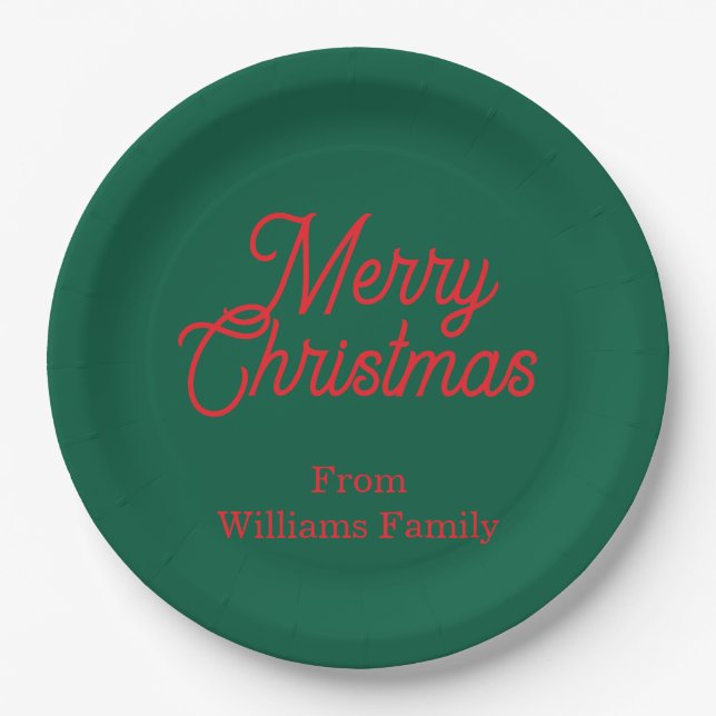 Merry Christmas Green Script Holiday Paper Plate (Front)