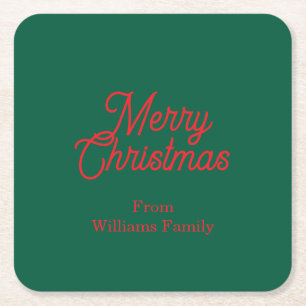 Merry Christmas Green Script Holiday Square Paper Coaster