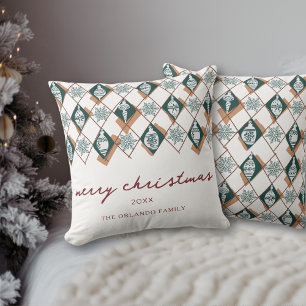 Merry Christmas Green Script Name Ornaments Snow   Cushion