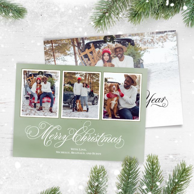 Merry Christmas Green Script Photo Collage Holiday Card (Merry Christmas fancy calligraphy script vertical multi photo card. )
