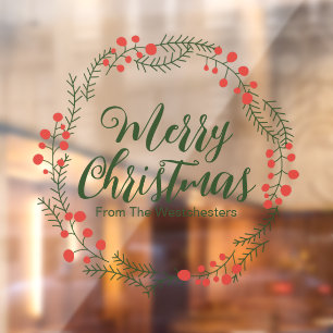 Merry Christmas green script rustic wreath frame Window Cling