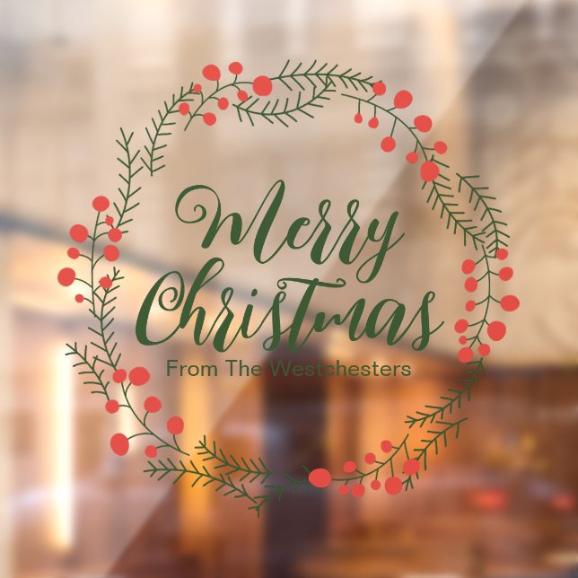 Merry Christmas green script rustic wreath frame Window Cling (Sheet 2)