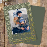 Merry Christmas Green Snowflake Gold 1 Photo  Foil Holiday Card<br><div class="desc">elegant real gold foil style for holidays and Christmas. This simple Holiday Christmas Photo Card features a full bleed with a white border. A trendy and Modern rustic Merry Christmas greeting on the front side fits 1 Photo. This design features a Christmas holiday green snowflake winter, family photo 1 one...</div>