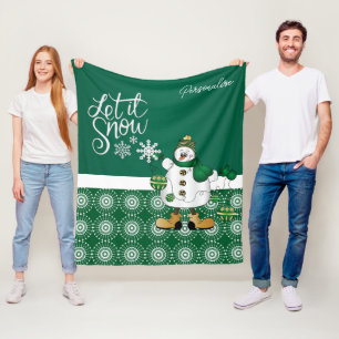 Merry Christmas Green Snowman  Fleece Blanket